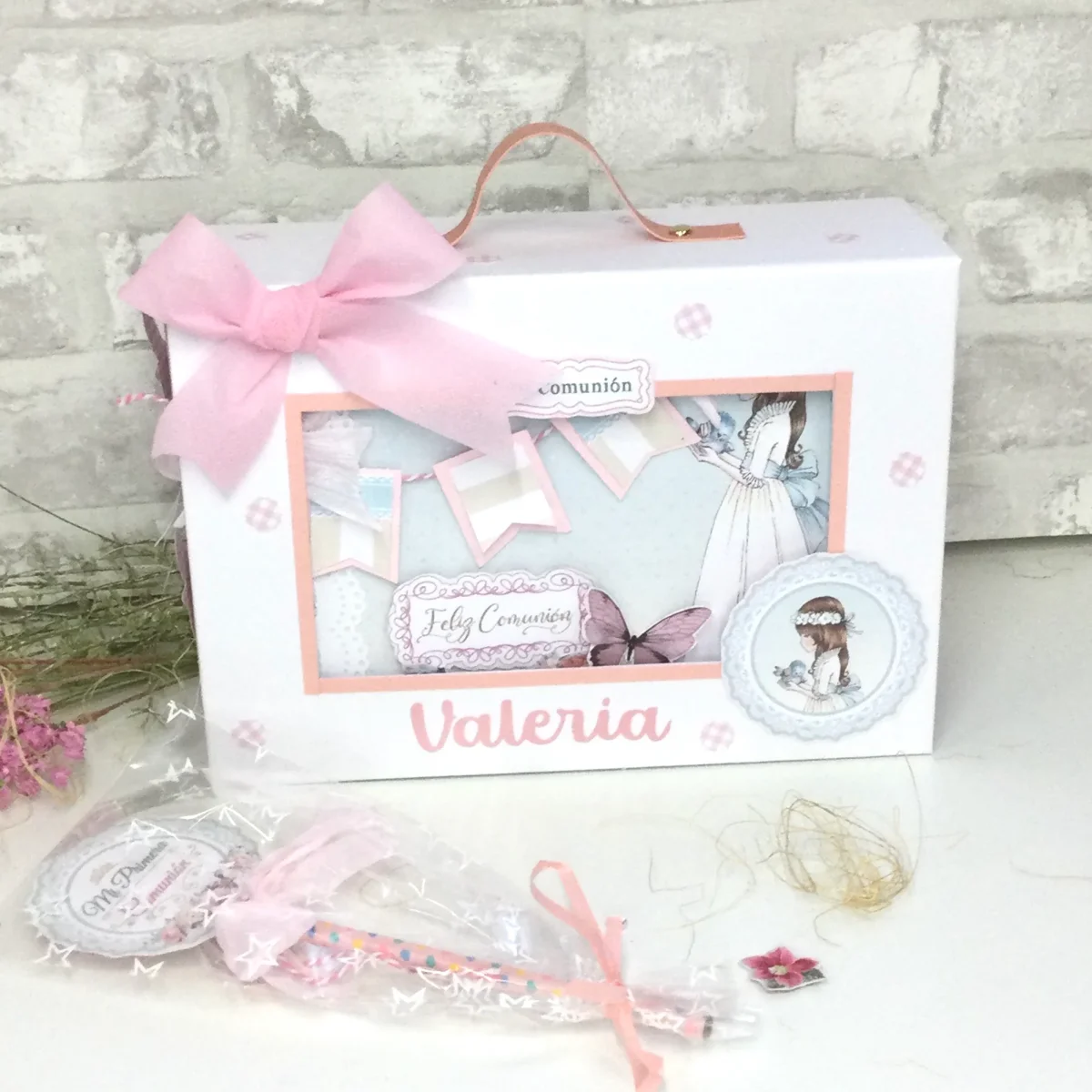 Conjunto Maleta Álbum Celeste Y Rosa Con Libro De Firmas Comunión Niña